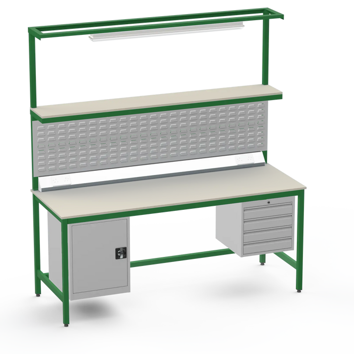 Electronics ESD Workbench | Anti-Static Worktop | Cupboard & 4 Drawers | Upper Shelf | Lighting Rail