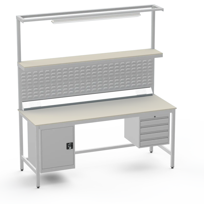 Electronics ESD Workbench | Anti-Static Worktop | Cupboard & 4 Drawers | Upper Shelf | Lighting Rail