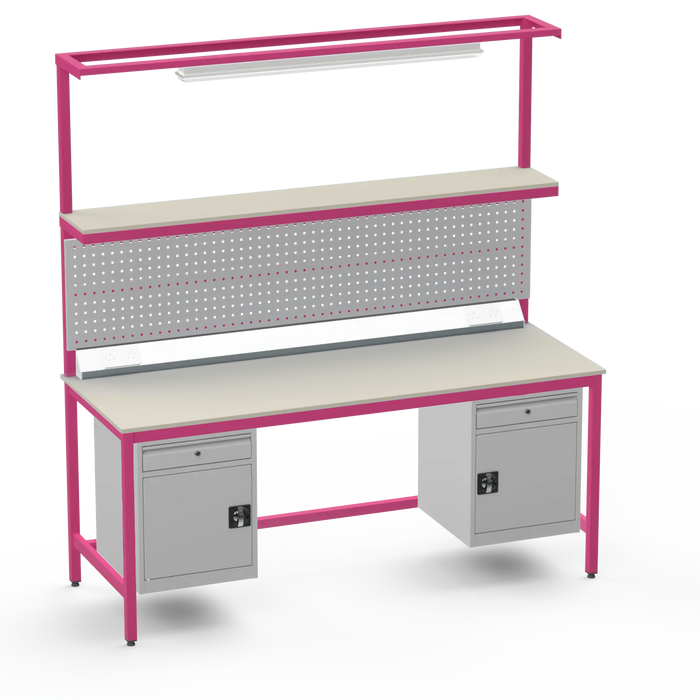 Electronics ESD Workbench | Anti-Static Worktop | Twin Cupboards With Drawer | Upper Shelf & Tool Panel | Electrical & Lighting