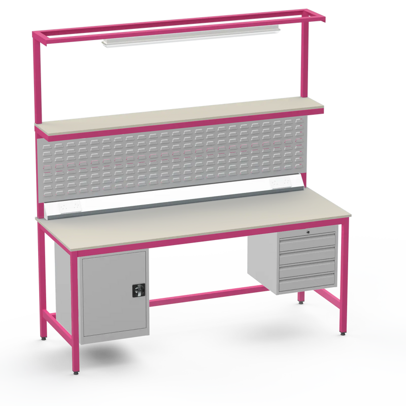 Electronics ESD Workbench | Anti-Static Worktop | Cupboard & 4 Drawers | Upper Shelf | Lighting Rail