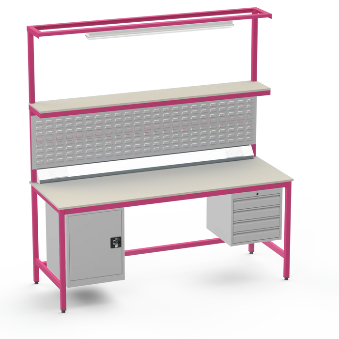 Electronics ESD Workbench | Anti-Static Worktop | Cupboard & 4 Drawers | Upper Shelf | Lighting Rail