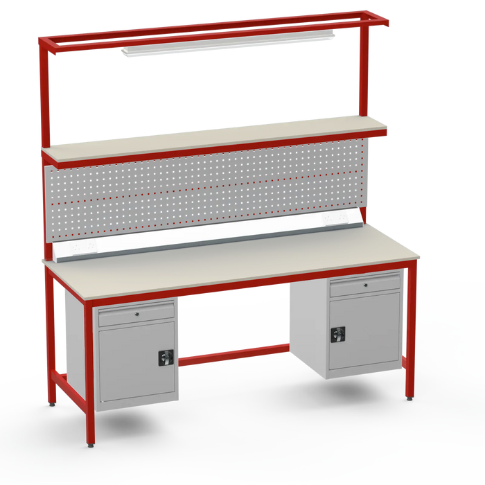 Electronics ESD Workbench | Anti-Static Worktop | Twin Cupboards With Drawer | Upper Shelf & Tool Panel | Electrical & Lighting