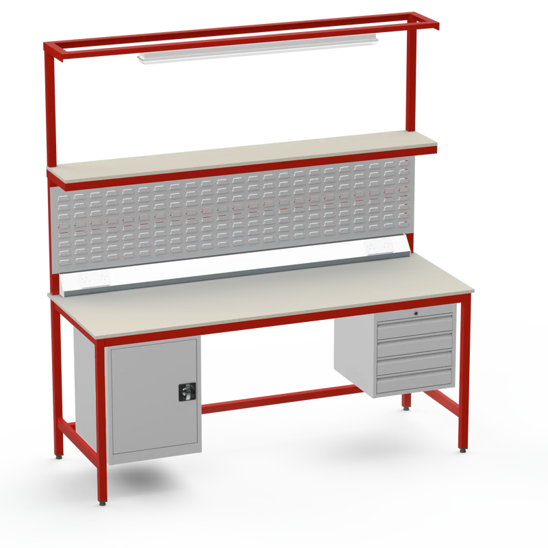 Electronics ESD Workbench | Anti-Static Worktop | Cupboard & 4 Drawers | Upper Shelf | Lighting Rail