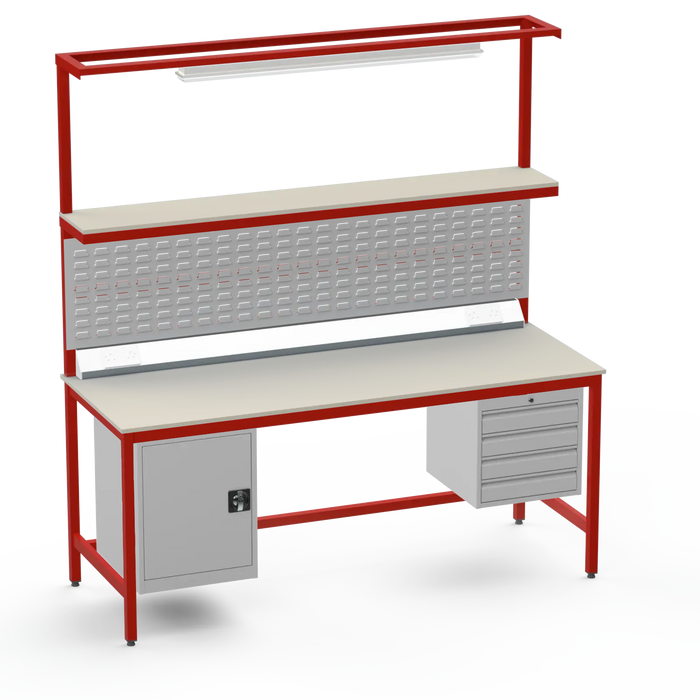 Electronics ESD Workbench | Anti-Static Worktop | Cupboard & 4 Drawers | Upper Shelf | Lighting Rail