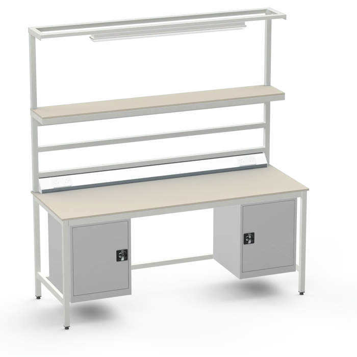 Electronics ESD Workbench | Anti-Static Worktop | Twin Cupboards, Upper Shelf, Light Fitting & Electrical