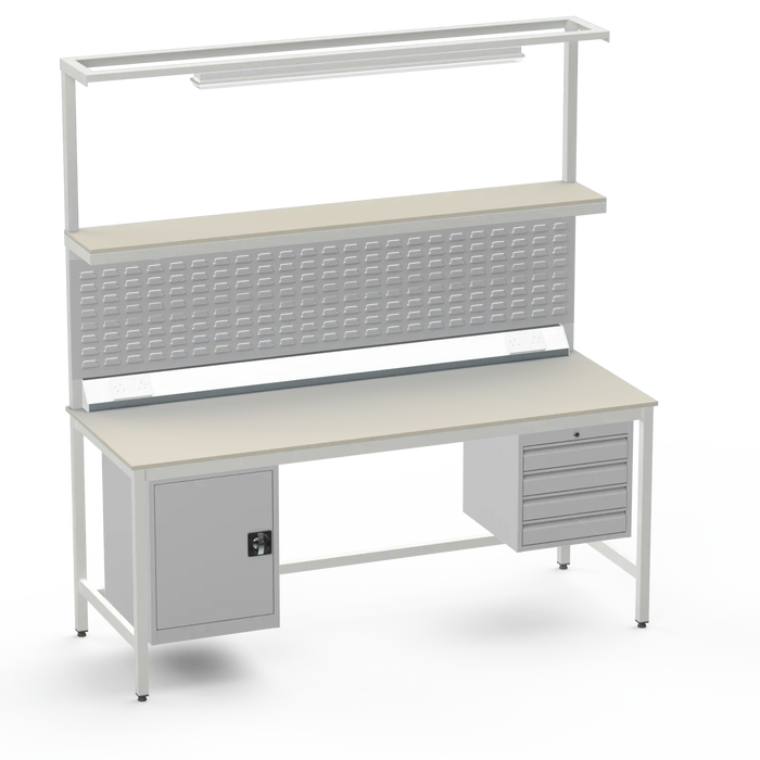 Electronics ESD Workbench | Anti-Static Worktop | Cupboard & 4 Drawers | Upper Shelf | Lighting Rail