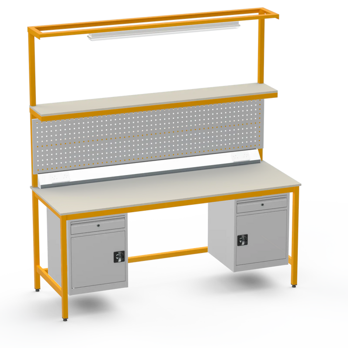 Electronics ESD Workbench | Anti-Static Worktop | Twin Cupboards With Drawer | Upper Shelf & Tool Panel | Electrical & Lighting