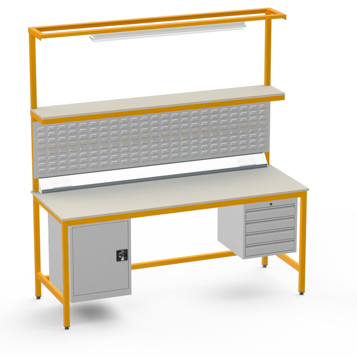 Electronics ESD Workbench | Anti-Static Worktop | Cupboard & 4 Drawers | Upper Shelf | Lighting Rail