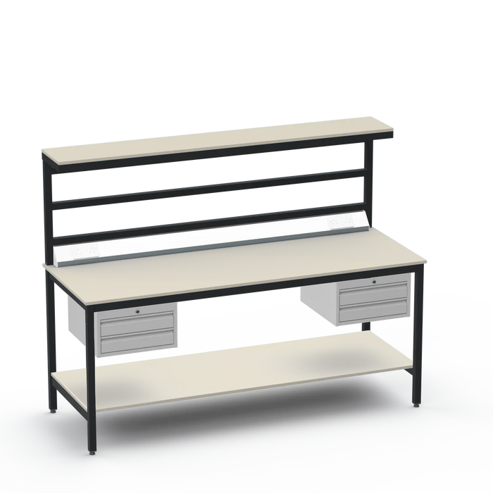 Electronics ESD Workbench | Anti-Static Worktop | Twin 2-Drawer Units & Electrical & Upper & Lower Shelves