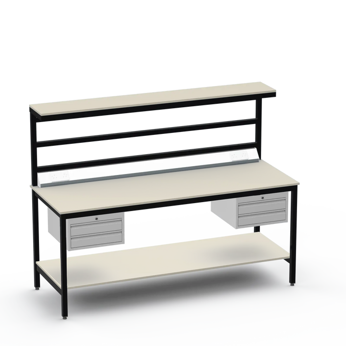 Electronics ESD Workbench | Anti-Static Worktop | Twin 2-Drawer Units & Electrical & Upper & Lower Shelves
