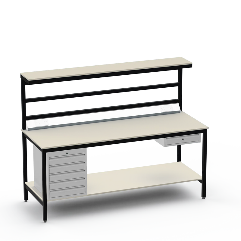 Electronics ESD Workbench | Anti-Static Worktop | 5 Drawers & Single Drawer & Bench Top Electrical & Upper & Lower Shelves