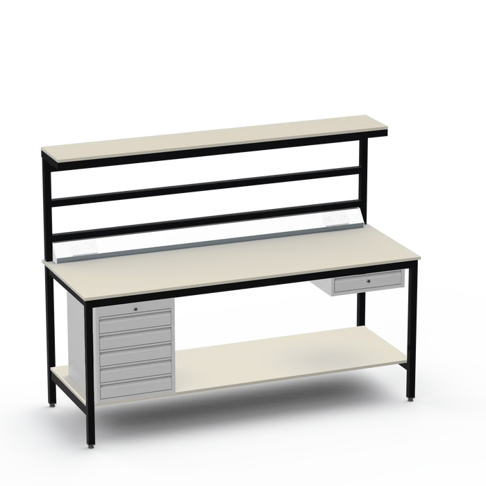 Electronics ESD Workbench | Anti-Static Worktop | 5 Drawers & Single Drawer & Bench Top Electrical & Upper & Lower Shelves