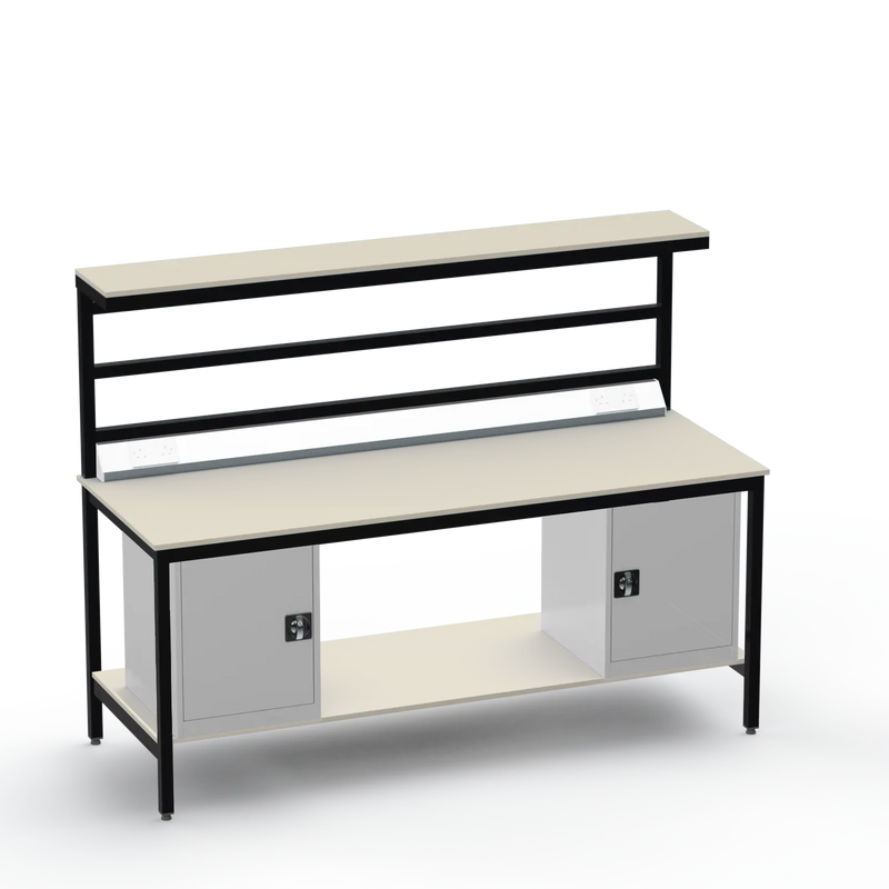 Electronics ESD Workbench | Anti-Static Worktop | Twin Cupboards & Upper & Lower Shelves & Benchtop Electrical