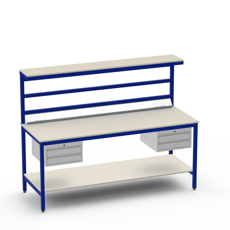 Electronics ESD Workbench | Anti-Static Worktop | Twin 2-Drawer Units & Electrical & Upper & Lower Shelves