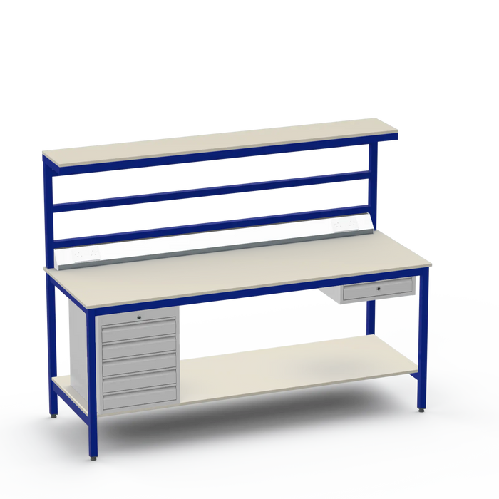 Electronics ESD Workbench | Anti-Static Worktop | 5 Drawers & Single Drawer & Bench Top Electrical & Upper & Lower Shelves
