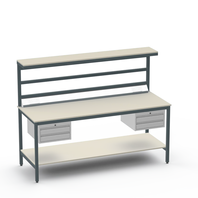 Electronics ESD Workbench | Anti-Static Worktop | Twin 2-Drawer Units & Electrical & Upper & Lower Shelves