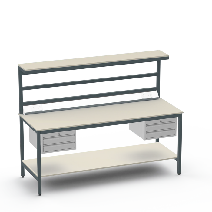 Electronics ESD Workbench | Anti-Static Worktop | Twin 2-Drawer Units & Electrical & Upper & Lower Shelves