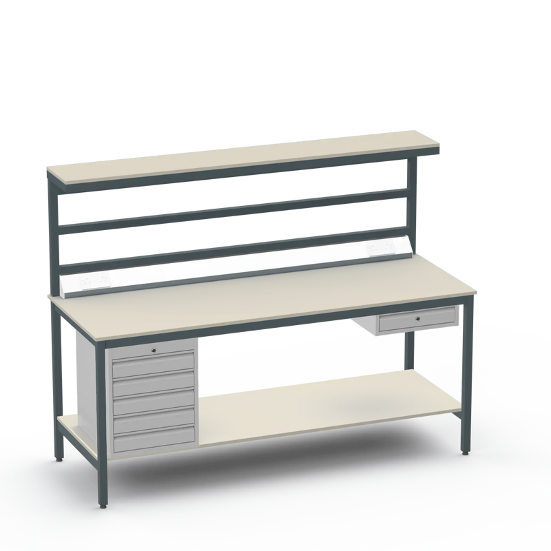 Electronics ESD Workbench | Anti-Static Worktop | 5 Drawers & Single Drawer & Bench Top Electrical & Upper & Lower Shelves