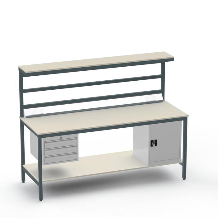 Electronics ESD Workbench | Anti-Static Worktop | 3 Drawers & Cupboard | Benchtop Electrical | Upper & Lower Shelves