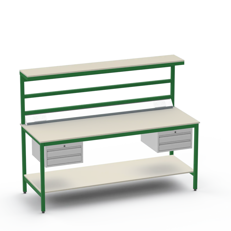 Electronics ESD Workbench | Anti-Static Worktop | Twin 2-Drawer Units & Electrical & Upper & Lower Shelves