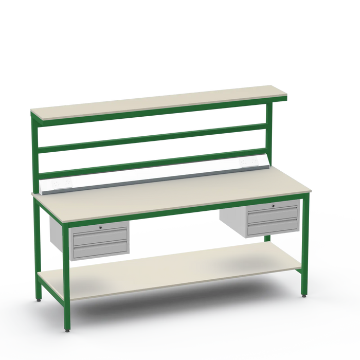 Electronics ESD Workbench | Anti-Static Worktop | Twin 2-Drawer Units & Electrical & Upper & Lower Shelves