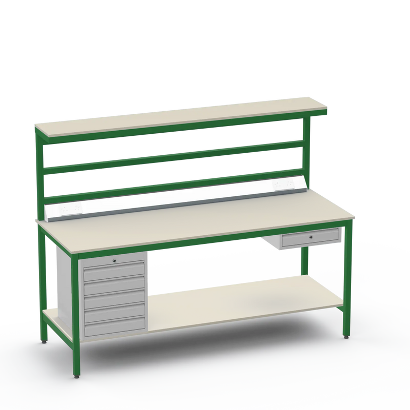 Electronics ESD Workbench | Anti-Static Worktop | 5 Drawers & Single Drawer & Bench Top Electrical & Upper & Lower Shelves