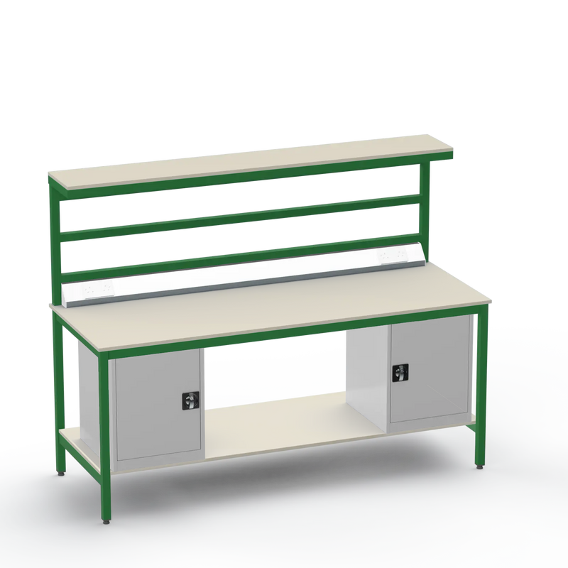 Electronics ESD Workbench | Anti-Static Worktop | Twin Cupboards & Upper & Lower Shelves & Benchtop Electrical