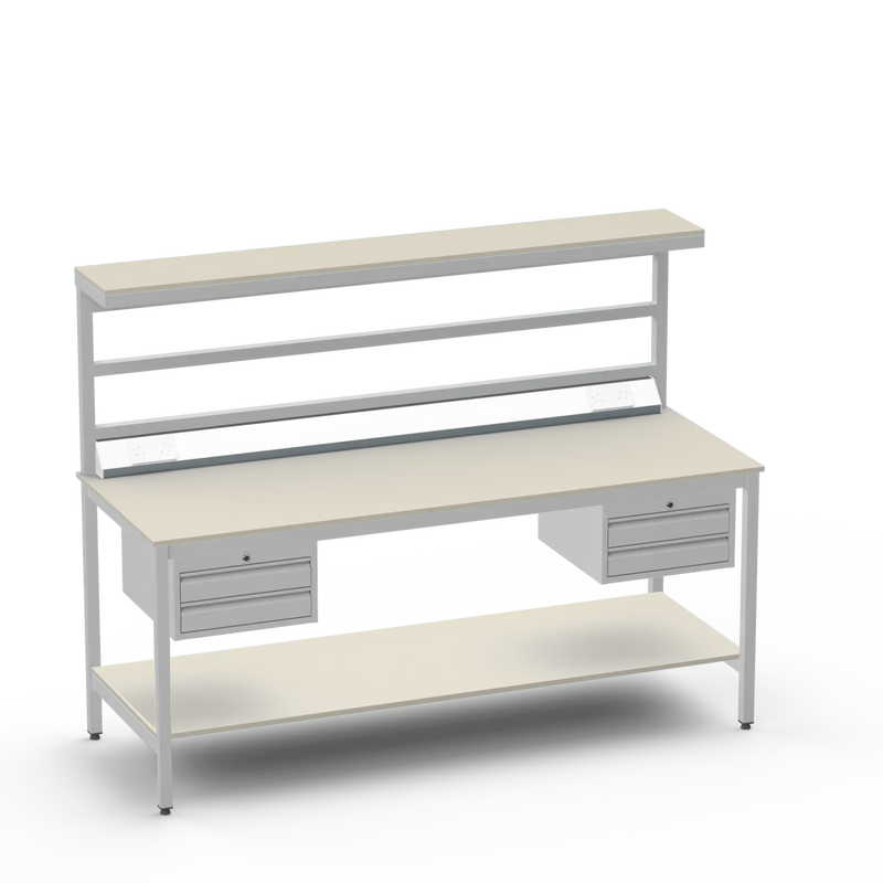Electronics ESD Workbench | Anti-Static Worktop | Twin 2-Drawer Units & Electrical & Upper & Lower Shelves