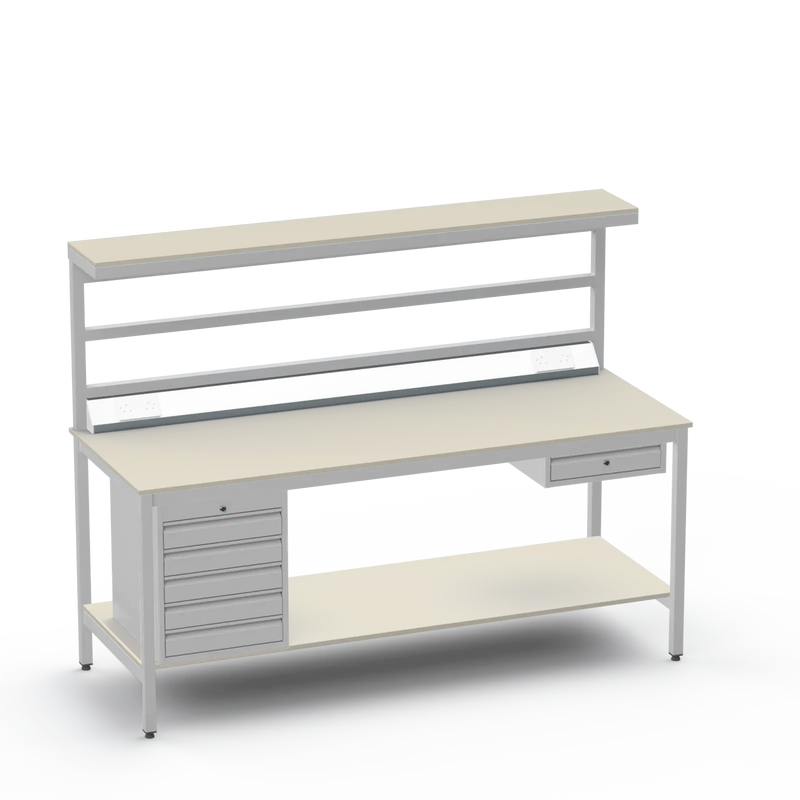 Electronics ESD Workbench | Anti-Static Worktop | 5 Drawers & Single Drawer & Bench Top Electrical & Upper & Lower Shelves