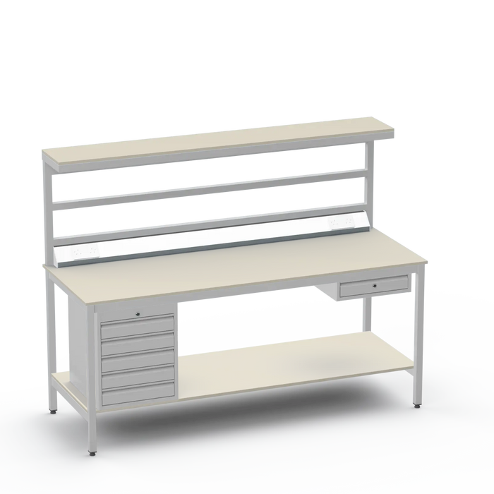 Electronics ESD Workbench | Anti-Static Worktop | 5 Drawers & Single Drawer & Bench Top Electrical & Upper & Lower Shelves