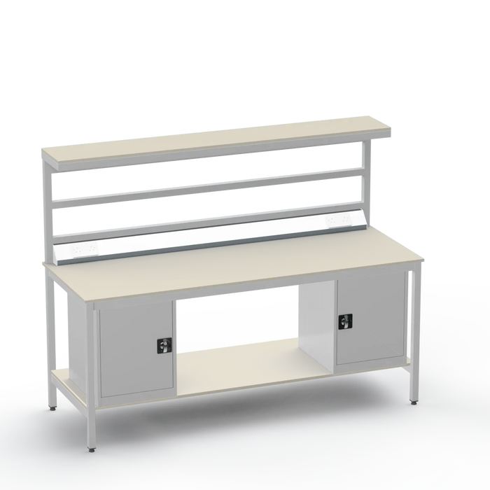 Electronics ESD Workbench | Anti-Static Worktop | Twin Cupboards & Upper & Lower Shelves & Benchtop Electrical