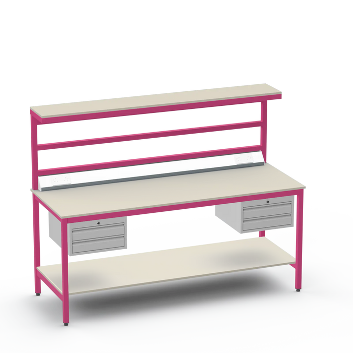 Electronics ESD Workbench | Anti-Static Worktop | Twin 2-Drawer Units & Electrical & Upper & Lower Shelves