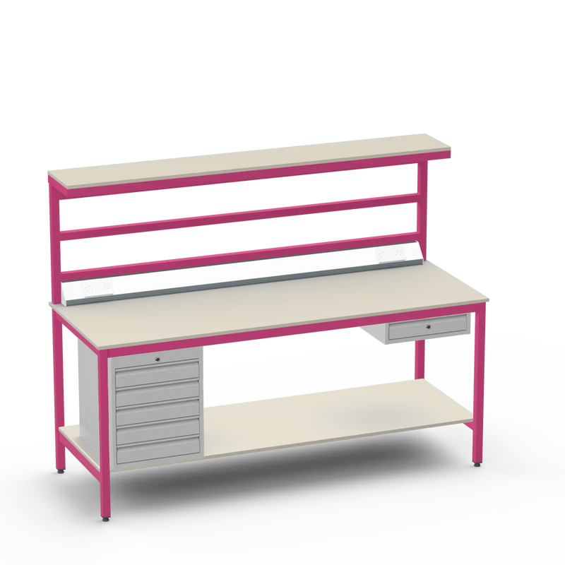 Electronics ESD Workbench | Anti-Static Worktop | 5 Drawers & Single Drawer & Bench Top Electrical & Upper & Lower Shelves