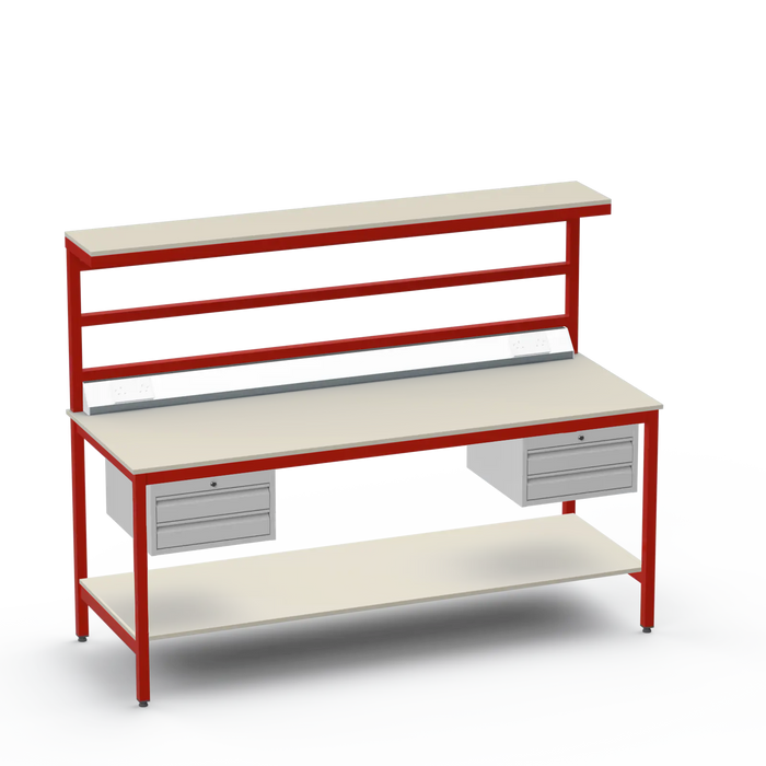 Electronics ESD Workbench | Anti-Static Worktop | Twin 2-Drawer Units & Electrical & Upper & Lower Shelves