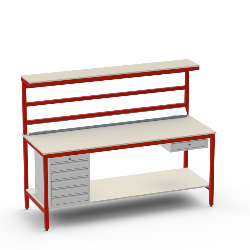 Electronics ESD Workbench | Anti-Static Worktop | 5 Drawers & Single Drawer & Bench Top Electrical & Upper & Lower Shelves