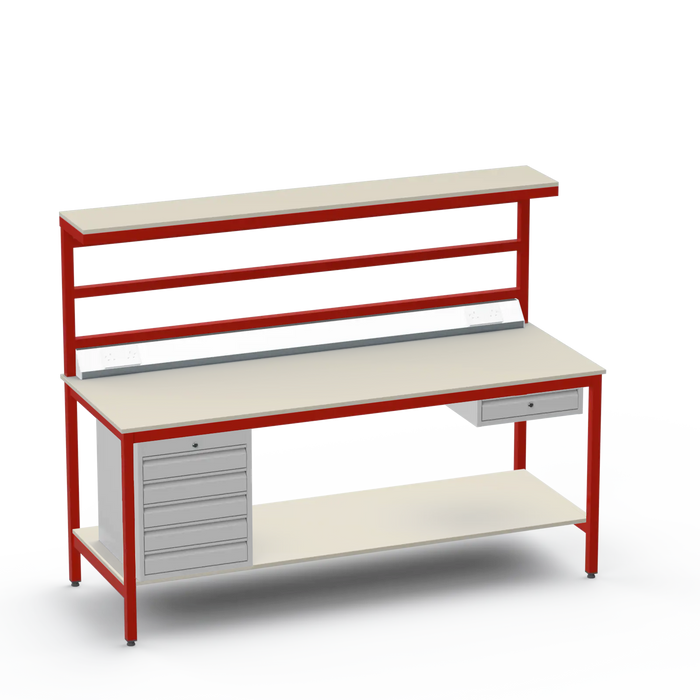 Electronics ESD Workbench | Anti-Static Worktop | 5 Drawers & Single Drawer & Bench Top Electrical & Upper & Lower Shelves