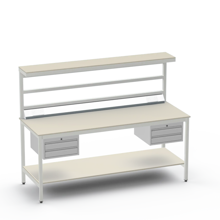 Electronics ESD Workbench | Anti-Static Worktop | Twin 2-Drawer Units & Electrical & Upper & Lower Shelves