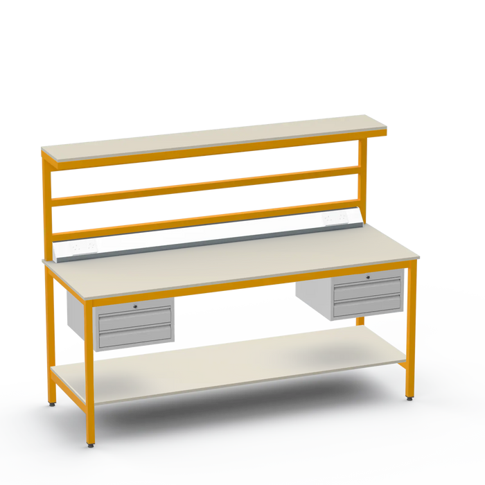 Electronics ESD Workbench | Anti-Static Worktop | Twin 2-Drawer Units & Electrical & Upper & Lower Shelves