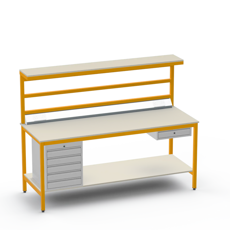 Electronics ESD Workbench | Anti-Static Worktop | 5 Drawers & Single Drawer & Bench Top Electrical & Upper & Lower Shelves