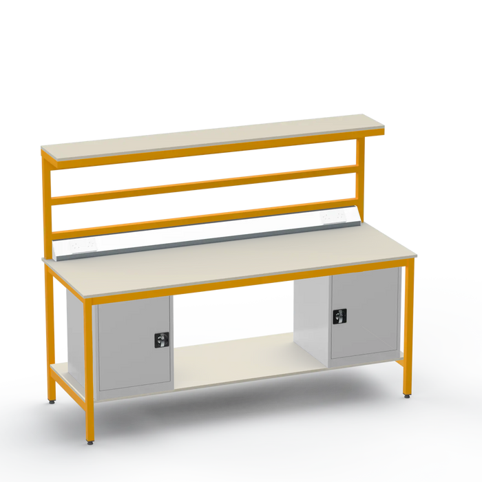 Electronics ESD Workbench | Anti-Static Worktop | Twin Cupboards & Upper & Lower Shelves & Benchtop Electrical