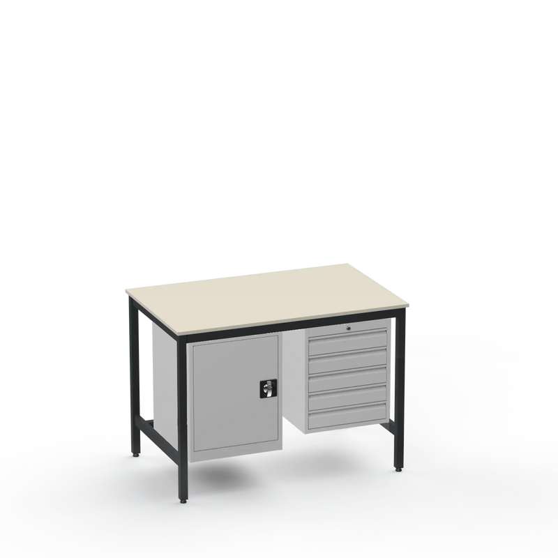 Medium Duty Workbench | Laminate Worktop | Cupboard & 5 Drawers