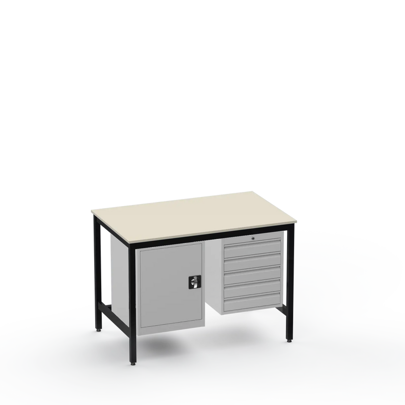 Medium Duty Workbench | Laminate Worktop | Cupboard & 5 Drawers