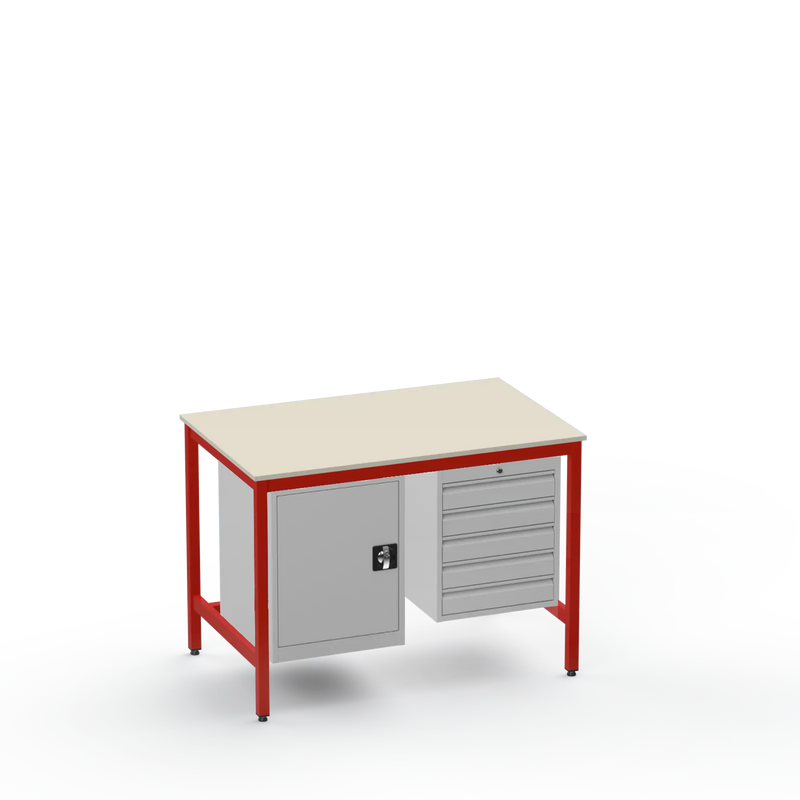 Medium Duty Workbench | Laminate Worktop | Cupboard & 5 Drawers
