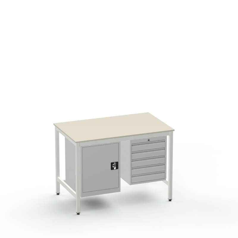 Medium Duty Workbench | Laminate Worktop | Cupboard & 5 Drawers