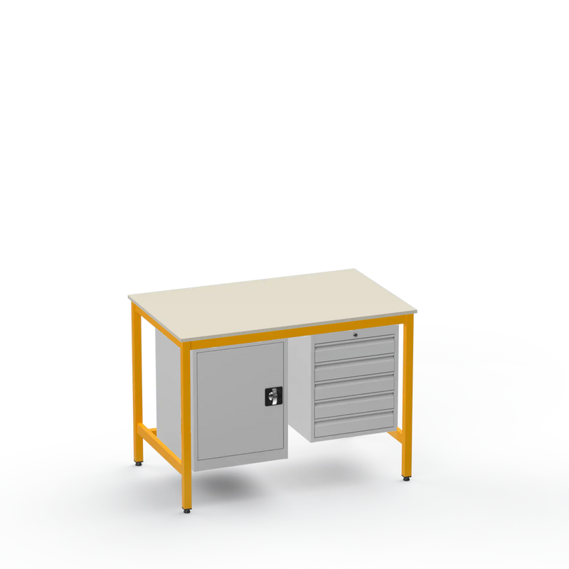 Medium Duty Workbench | Laminate Worktop | Cupboard & 5 Drawers