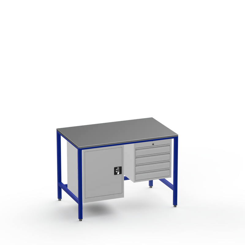 Medium Duty Workbench | Steel Worktop | Cupboard & 4 Drawers