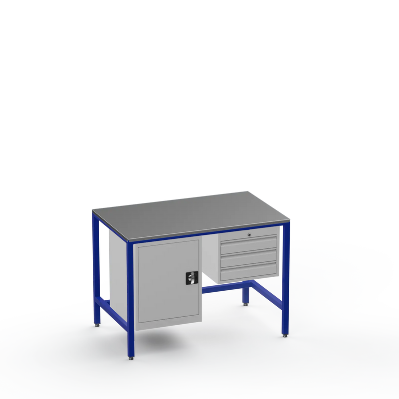 Medium Duty Workbench | Steel Worktop | Cupboard & 3 Drawers