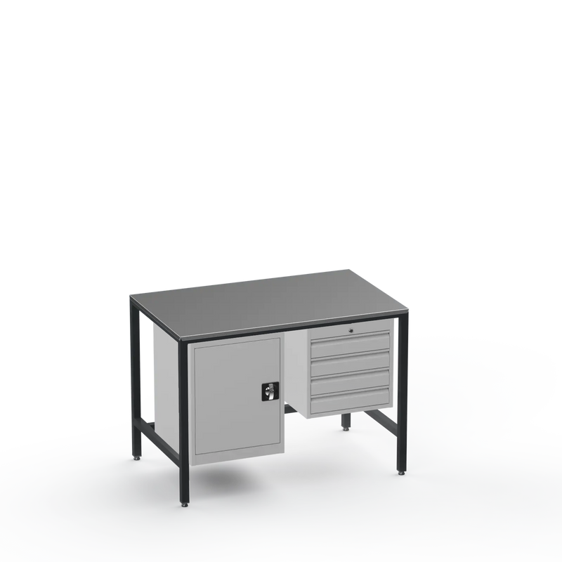 Medium Duty Workbench | Steel Worktop | Cupboard & 4 Drawers