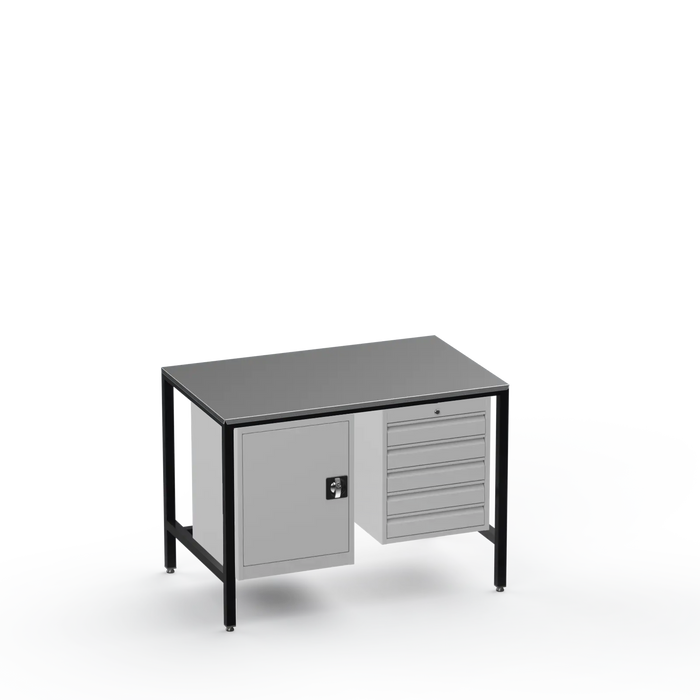 Medium Duty Workbench | Steel Worktop | Cupboard & 5 Drawers
