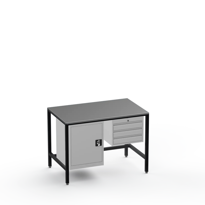 Medium Duty Workbench | Steel Worktop | Cupboard & 3 Drawers